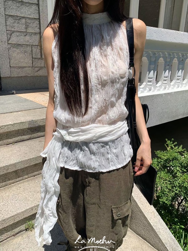 皺皺蕾絲削肩背心(附腰帶)